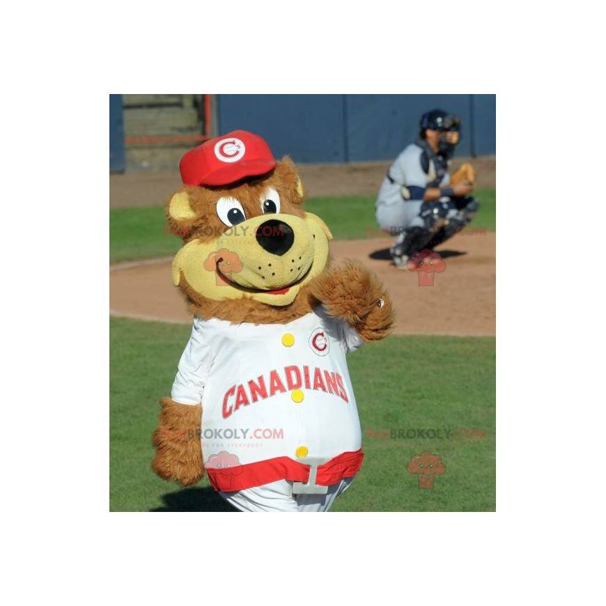 Big brown and yellow teddy mascot in sportswear - Redbrokoly.com