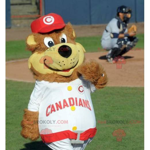 Big brown and yellow teddy mascot in sportswear - Redbrokoly.com