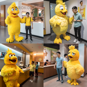 Yellow Fried Chicken mascot costume character dressed with a Chinos and Watches