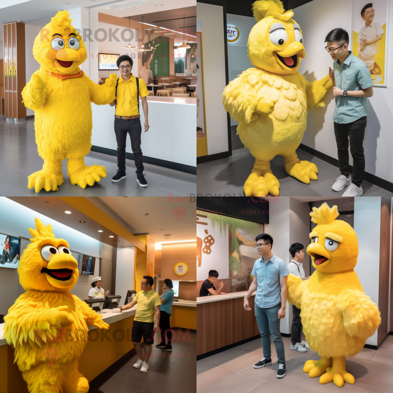 Yellow Fried Chicken mascot costume character dressed with a Chinos and Watches Yellow Fried Chicken mascot costume character dressed with a Chinos and Watches
