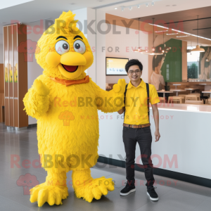 Yellow Fried Chicken mascot costume character dressed with a Chinos and Watches