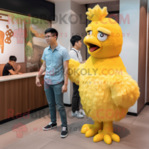 Yellow Fried Chicken mascot costume character dressed with a Chinos and Watches