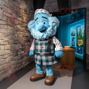 Sky Blue Irish Castle mascot costume character dressed with a Flannel Shirt and Backpacks