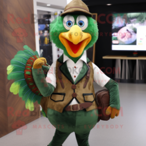 Forest Green Turkey mascot costume character dressed with a Waistcoat and Wallets