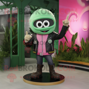 Pink Green Bean mascot costume character dressed with a Biker Jacket and Rings