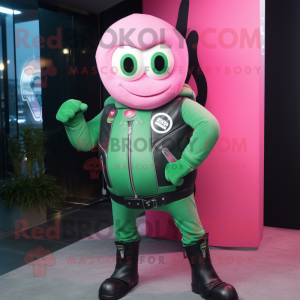 Pink Green Bean mascot costume character dressed with a Biker Jacket and Rings