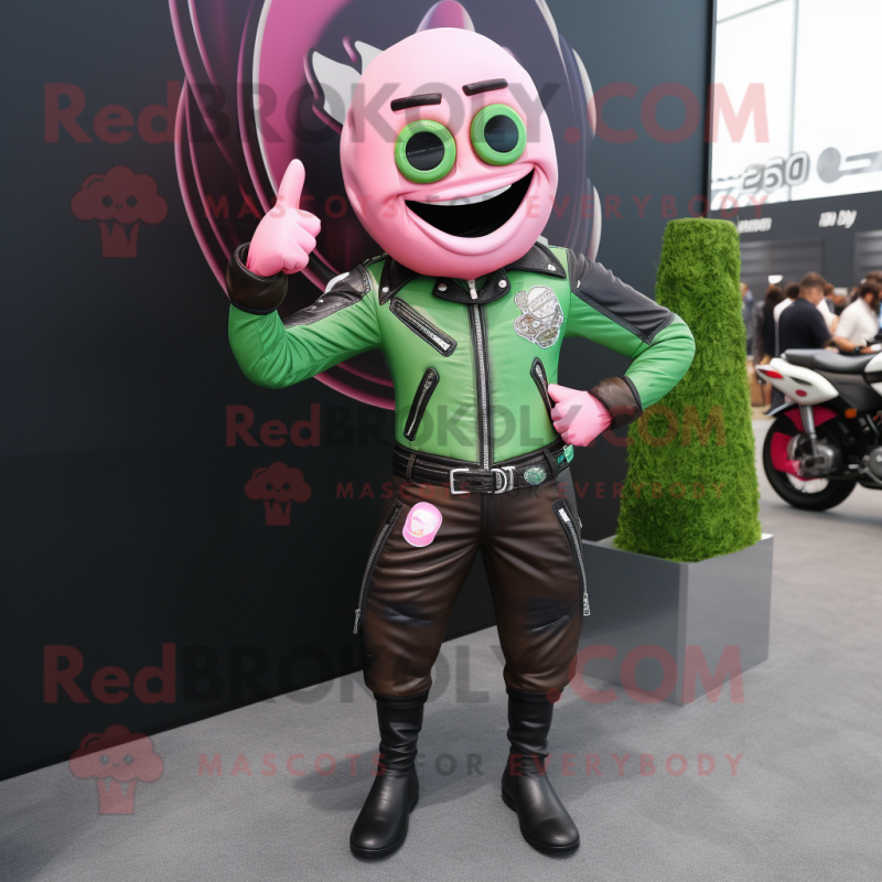 Pink Green Bean mascot costume character dressed with a Biker Jacket and Rings