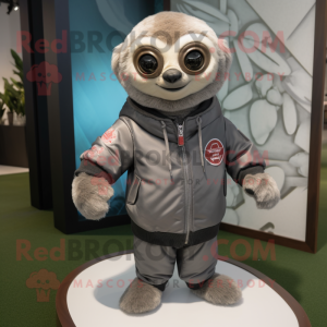Gray Sloth mascot costume character dressed with a Bomber Jacket and Wraps