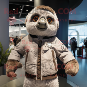 Gray Sloth mascot costume character dressed with a Bomber Jacket and Wraps