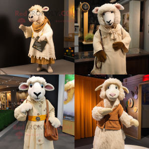 Tan Sheep mascot costume character dressed with a Shift Dress and Shawl pins