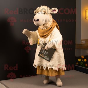 Tan Sheep mascot costume character dressed with a Shift Dress and Shawl pins