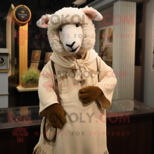 Tan Sheep mascot costume character dressed with a Shift Dress and Shawl pins