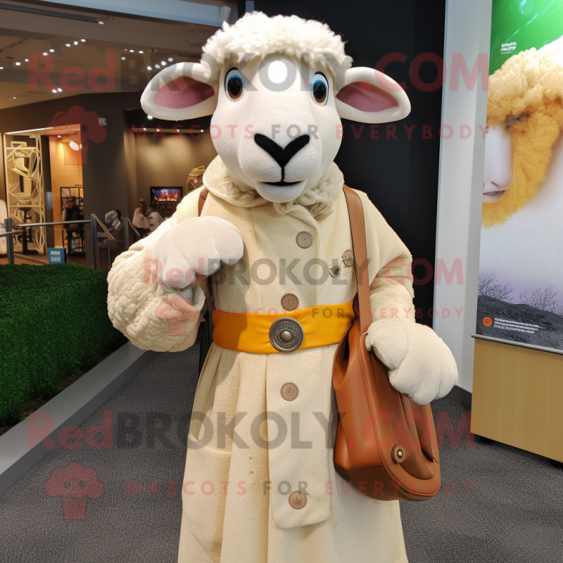 Tan Sheep mascot costume character dressed with a Shift Dress and Shawl pins