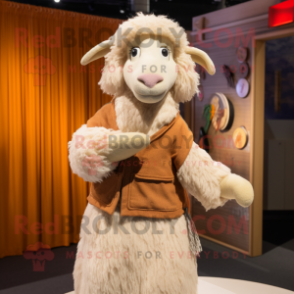 Tan Sheep mascot costume character dressed with a Shift Dress and Shawl pins