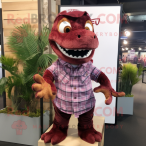 Maroon Geckos mascot costume character dressed with a Flannel Shirt and Hair clips