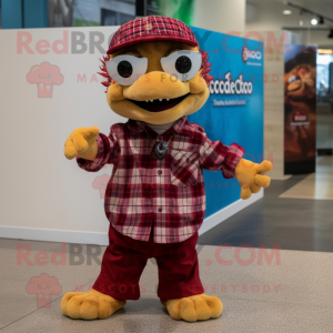 Maroon Geckos mascot costume character dressed with a Flannel Shirt and Hair clips