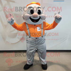 Silver Orange mascot costume character dressed with a Button-Up Shirt and Suspenders