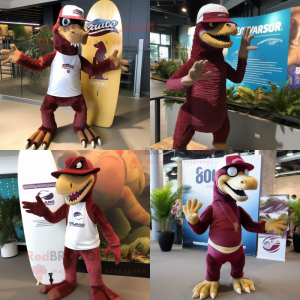 Maroon Deinonychus mascot costume character dressed with a Board Shorts and Beanies