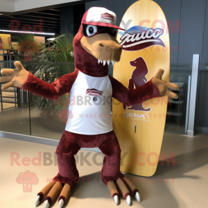 Maroon Deinonychus mascot costume character dressed with a Board Shorts and Beanies