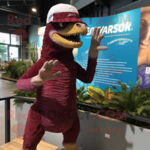 Maroon Deinonychus mascot costume character dressed with a Board Shorts and Beanies