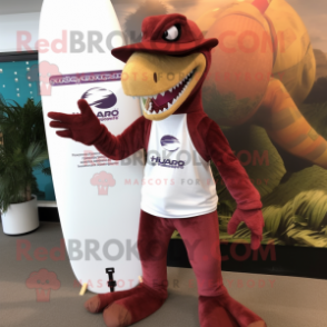 Maroon Deinonychus mascot costume character dressed with a Board Shorts and Beanies