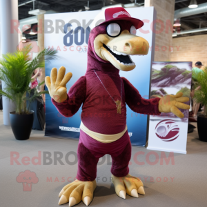 Maroon Deinonychus mascot costume character dressed with a Board Shorts and Beanies