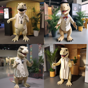 Beige Tyrannosaurus mascot costume character dressed with a Maxi Dress and Lapel pins