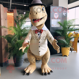 Beige Tyrannosaurus mascot costume character dressed with a Maxi Dress and Lapel pins