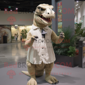 Beige Tyrannosaurus mascot costume character dressed with a Maxi Dress and Lapel pins