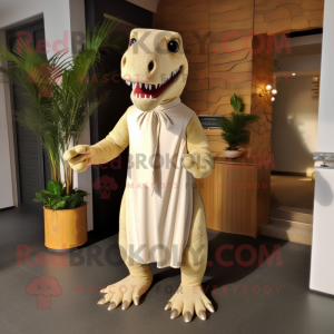 Beige Tyrannosaurus mascot costume character dressed with a Maxi Dress and Lapel pins