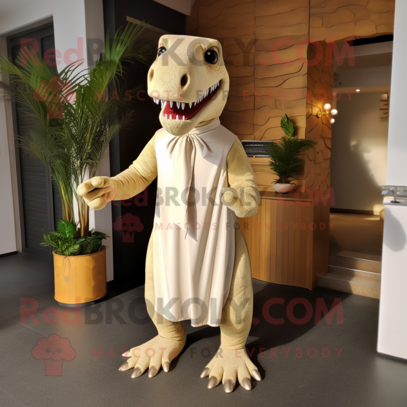 Beige Tyrannosaurus mascot costume character dressed with a Maxi Dress and Lapel pins