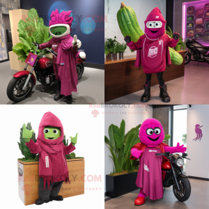 Magenta Celery mascot costume character dressed with a Moto Jacket and Shawls