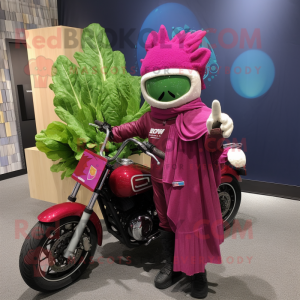 Magenta Celery mascot costume character dressed with a Moto Jacket and Shawls