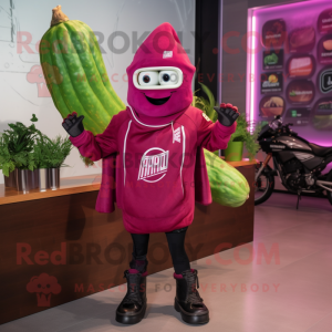 Magenta Celery mascot costume character dressed with a Moto Jacket and Shawls