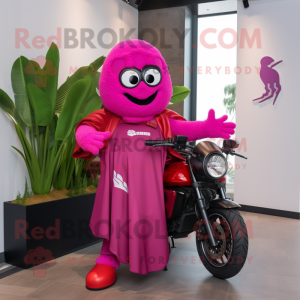 Magenta Celery mascot costume character dressed with a Moto Jacket and Shawls