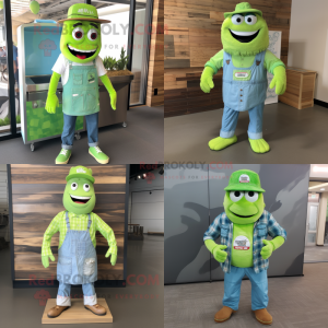 Lime Green Bbq Ribs mascot costume character dressed with a Chambray Shirt and Shoe laces