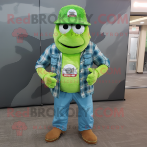 Lime Green Bbq Ribs mascot costume character dressed with a Chambray Shirt and Shoe laces