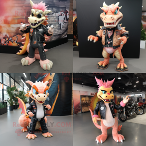 Peach Dragon mascot costume character dressed with a Biker Jacket and Shoe laces