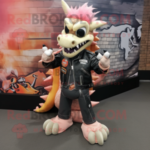 Peach Dragon mascot costume character dressed with a Biker Jacket and Shoe laces