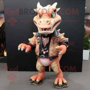 Peach Dragon mascot costume character dressed with a Biker Jacket and Shoe laces