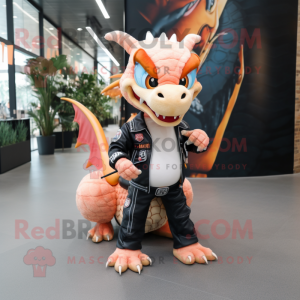 Peach Dragon mascot costume character dressed with a Biker Jacket and Shoe laces