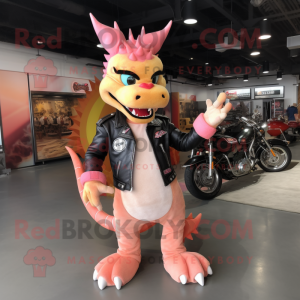 Peach Dragon mascot costume character dressed with a Biker Jacket and Shoe laces