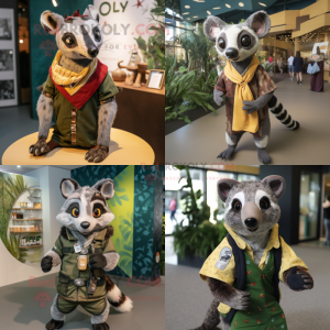 Olive Civet mascot costume character dressed with a Playsuit and Scarves