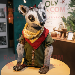 Olive Civet mascot costume character dressed with a Playsuit and Scarves