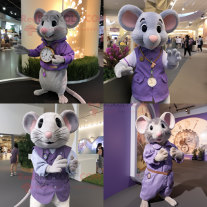 Lavender Rat mascot costume character dressed with a Romper and Bracelet watches