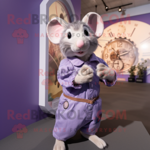 Lavender Rat mascot costume character dressed with a Romper and Bracelet watches
