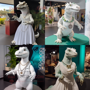 White Iguanodon mascot costume character dressed with a Pleated Skirt and Necklaces