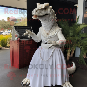 White Iguanodon mascot costume character dressed with a Pleated Skirt and Necklaces