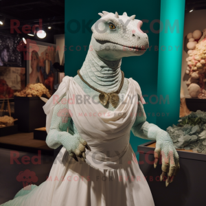 White Iguanodon mascot costume character dressed with a Pleated Skirt and Necklaces