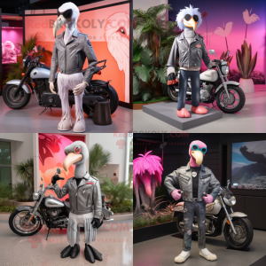 Silver Flamingo mascot costume character dressed with a Moto Jacket and Wallets